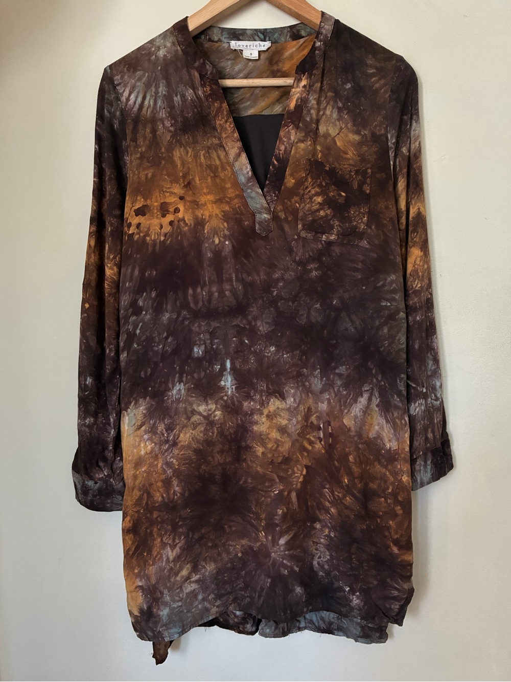 Loveriche Brown Orange Tie Dye Fall Grunge Long Sleeve Tunic Dress Split S